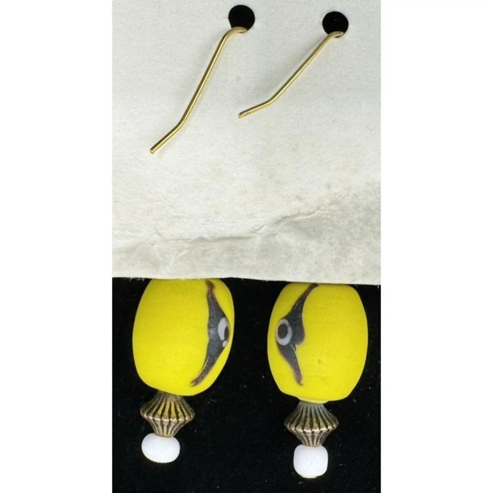 Yellow Glass Bead Dangle Earrings‎ Boho Retro Handmade Vintage